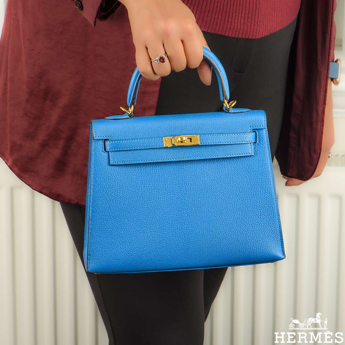 Hermes Kelly 25 Blue Zanzibar GHW Stamp A